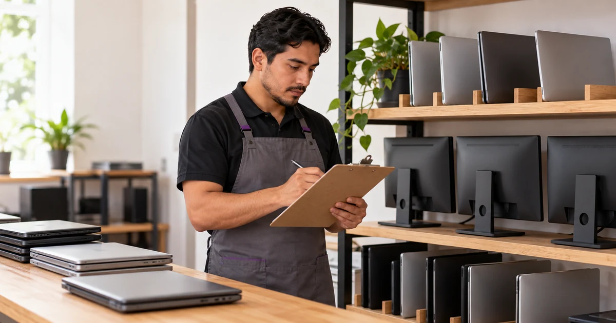 Técnico revisando equipos para un inventario empresarial.